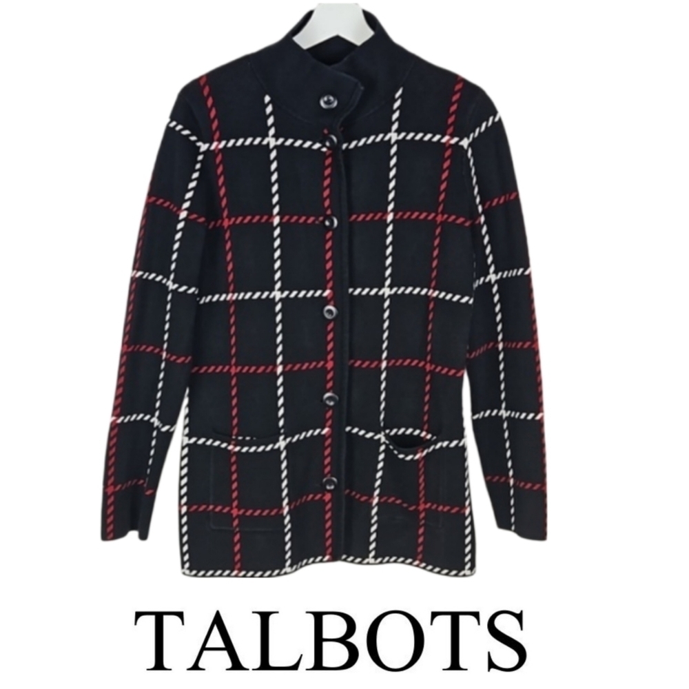 Talbots Plaid Long Classic Cardigan Sweater in Black Red White, S